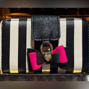 Betsey Johnson Black and White Striped Wallet with Pink Bow